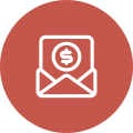 A red circle with an envelope and dollar sign in it.