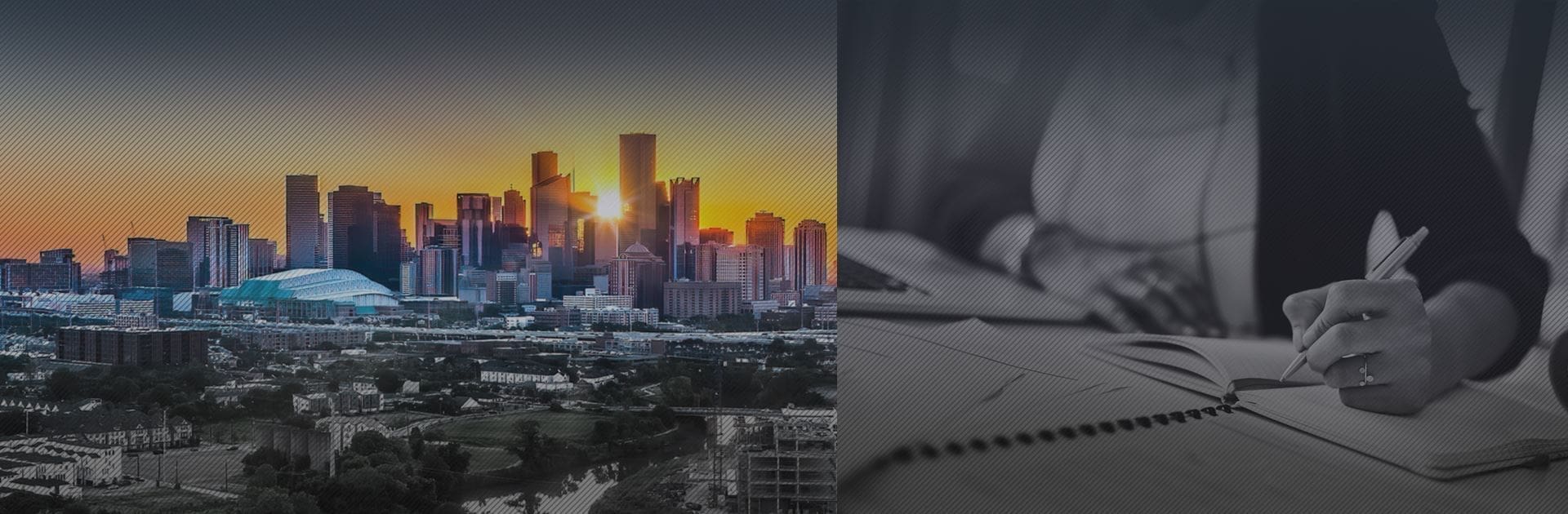 A collage of two pictures with the sun setting over a city.