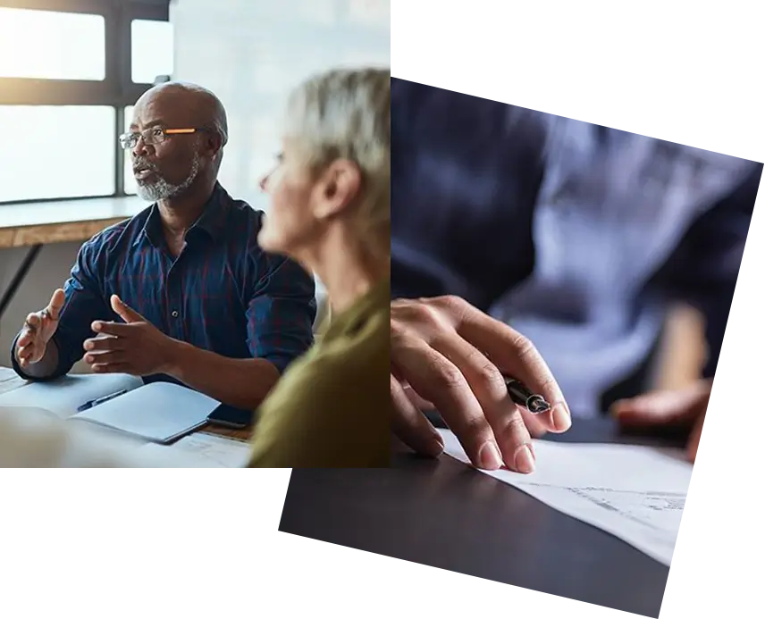 Two pictures of people sitting at a table