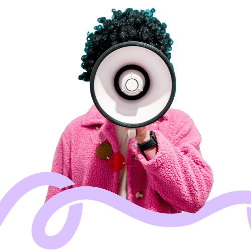 Person with megaphone and pink jacket.