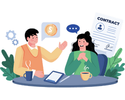 Two people discussing contract over coffee.