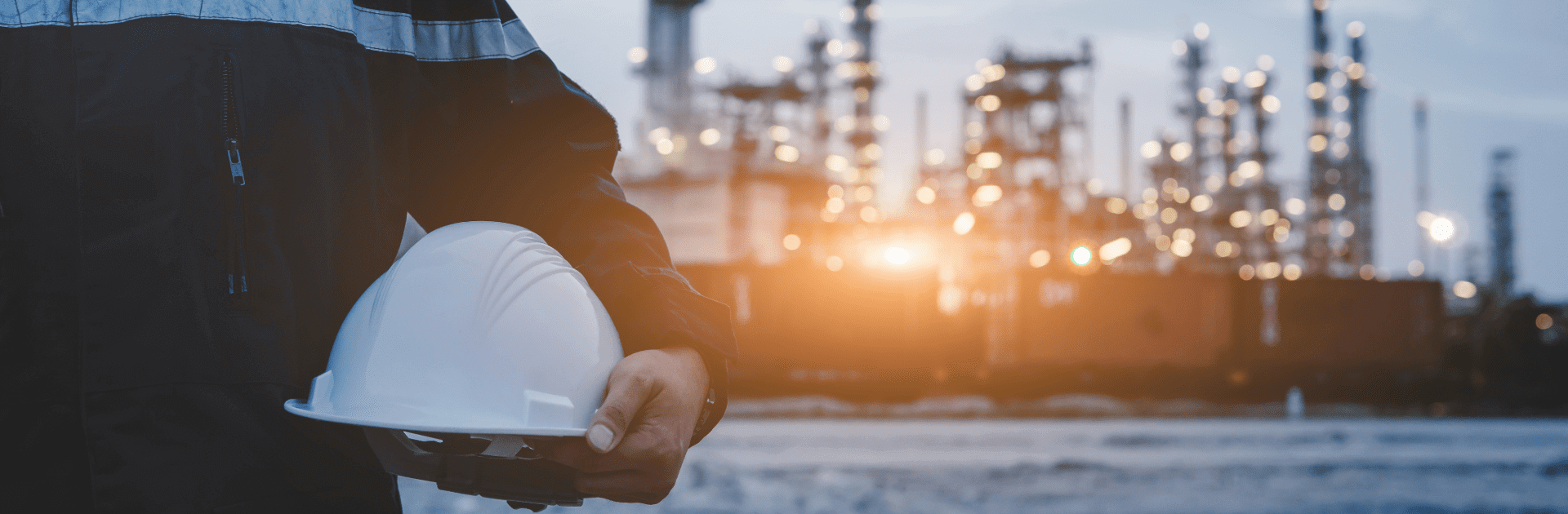 Worker holding helmet at industrial site.